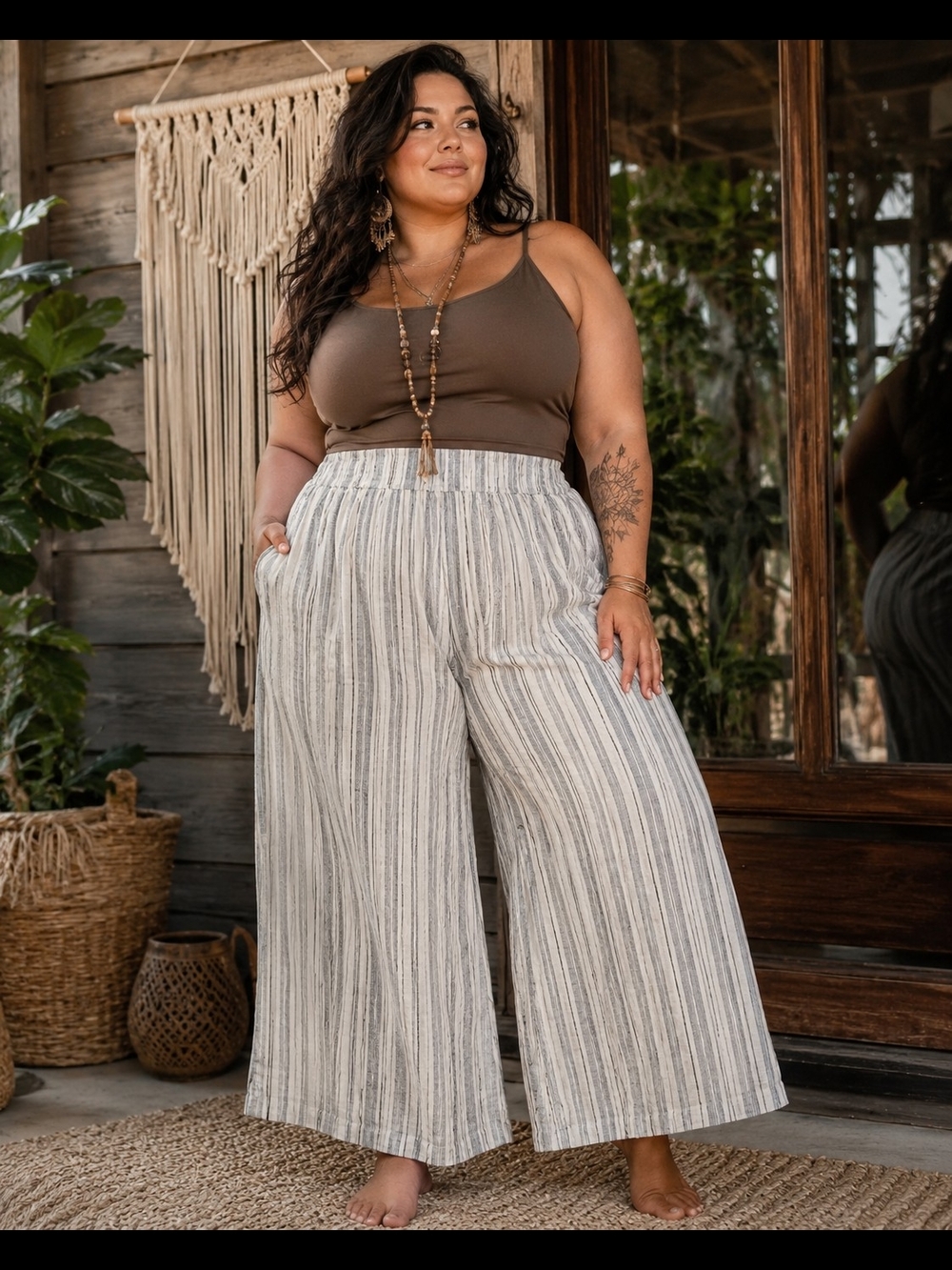 Plus-Size Striped Wide-Leg Linen Pants Set